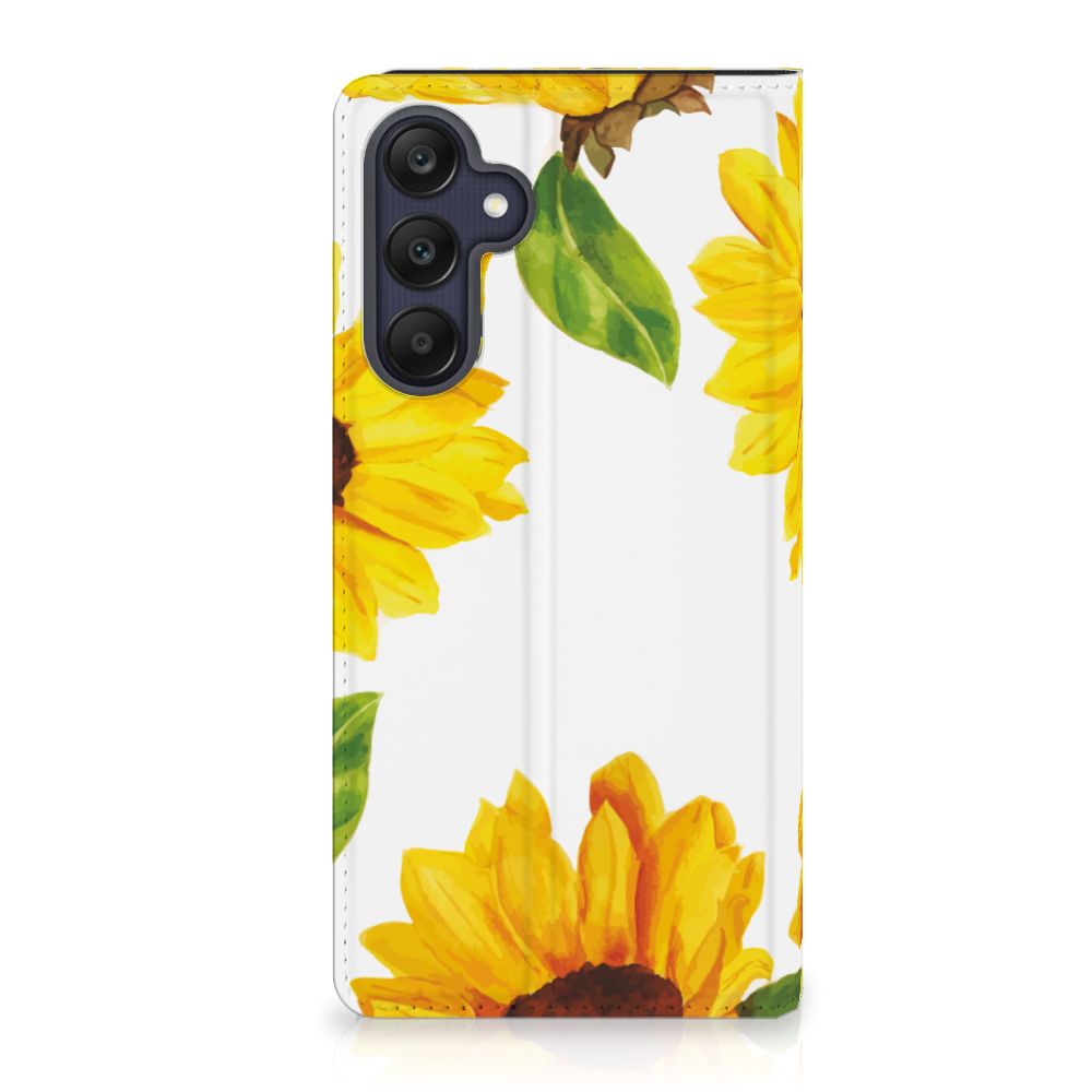 Smart Cover voor Samsung Galaxy A25 Zonnebloemen met vrolijke zonnebloemen print 🌻, perfect voor bescherming en gebruiksgemak.