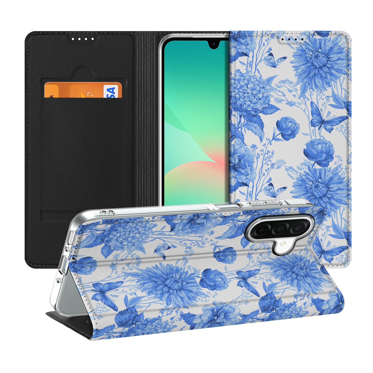 Samsung Galaxy A26 Smart Cover Flowers Blue voorzijde achterkant