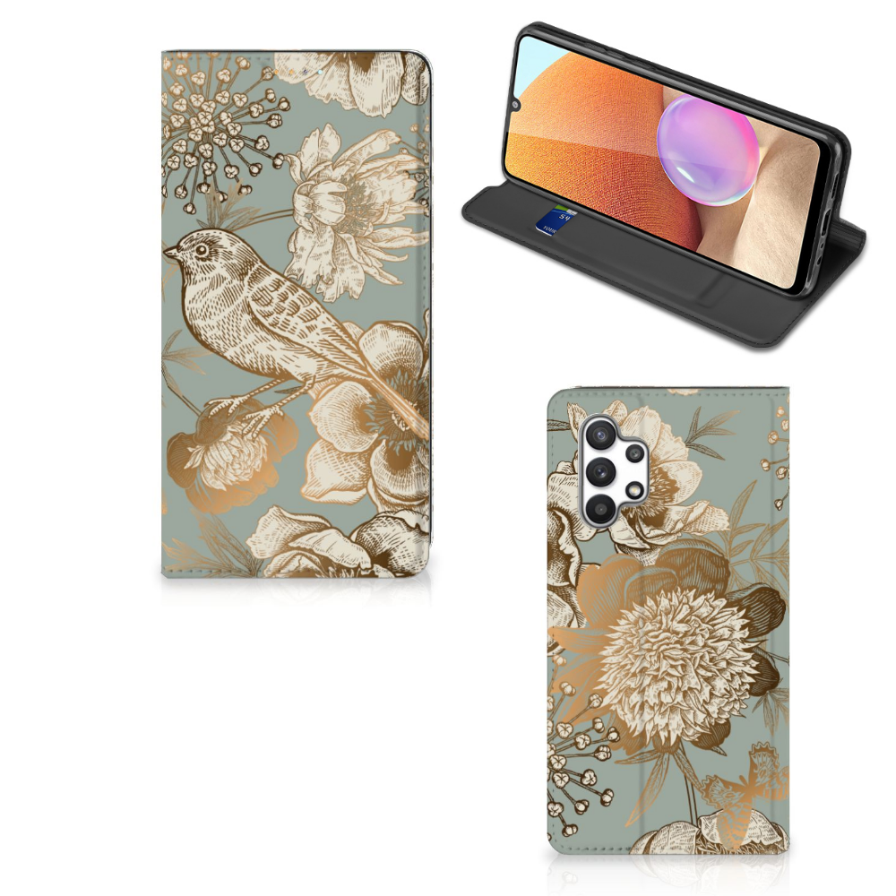 Samsung Galaxy A32 4G | A32 5G Enterprise Editie Smart Cover Vintage Bird Flowers vooraanzicht schuin aanzicht.