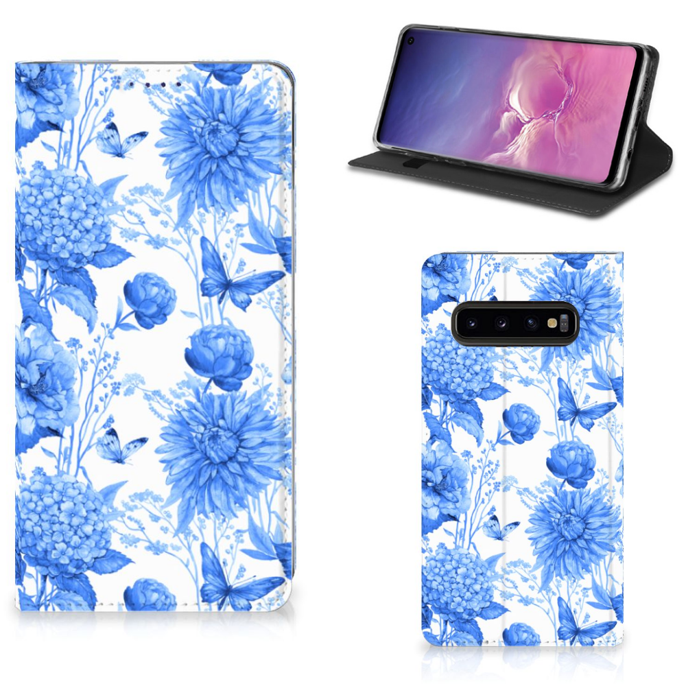 Samsung Galaxy S10 Smart Cover Flowers Blue voorkant zij aanzicht