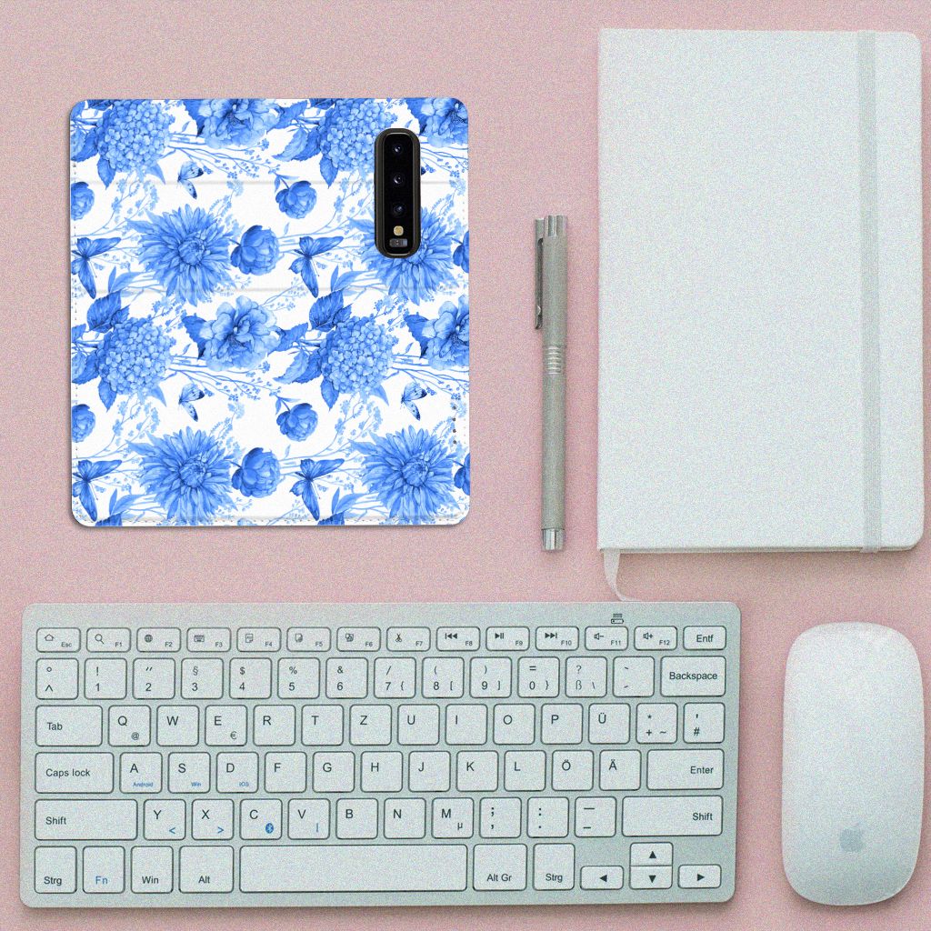 Samsung Galaxy S10 Smart Cover Flowers Blue bovenaanzicht