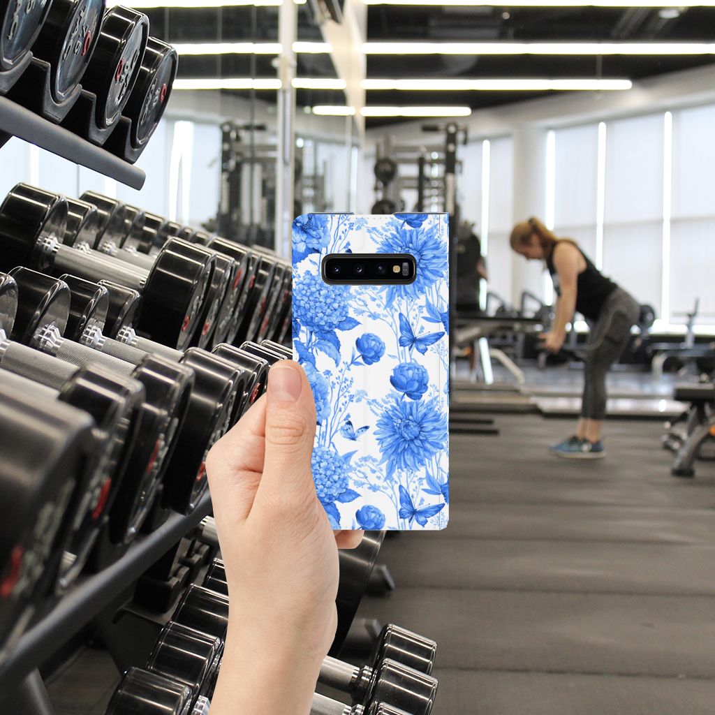 Samsung Galaxy S10 Plus Smart Cover voor Samsung Galaxy S10 Plus Flowers Blue aangezicht