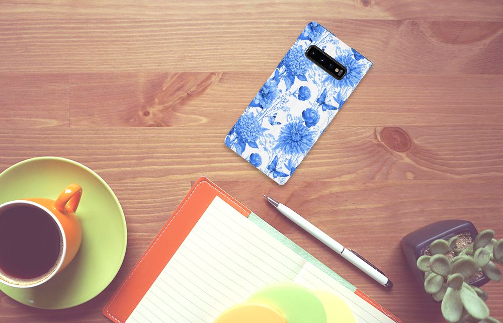 Samsung Galaxy S10 Plus Smart Cover Flowers Blue bovenaanzicht