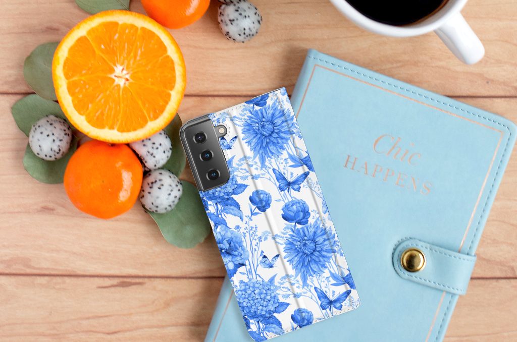 Samsung Galaxy S21 Plus Smart Cover Flowers Blue bovenaanzicht