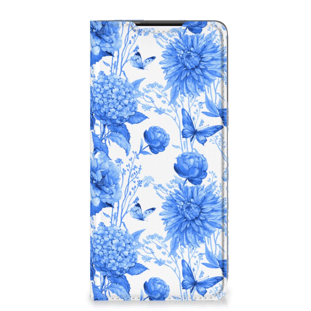 Samsung Galaxy S21 Plus Smart Cover Flowers Blue voorkant met blauwe bloemen ontwerp