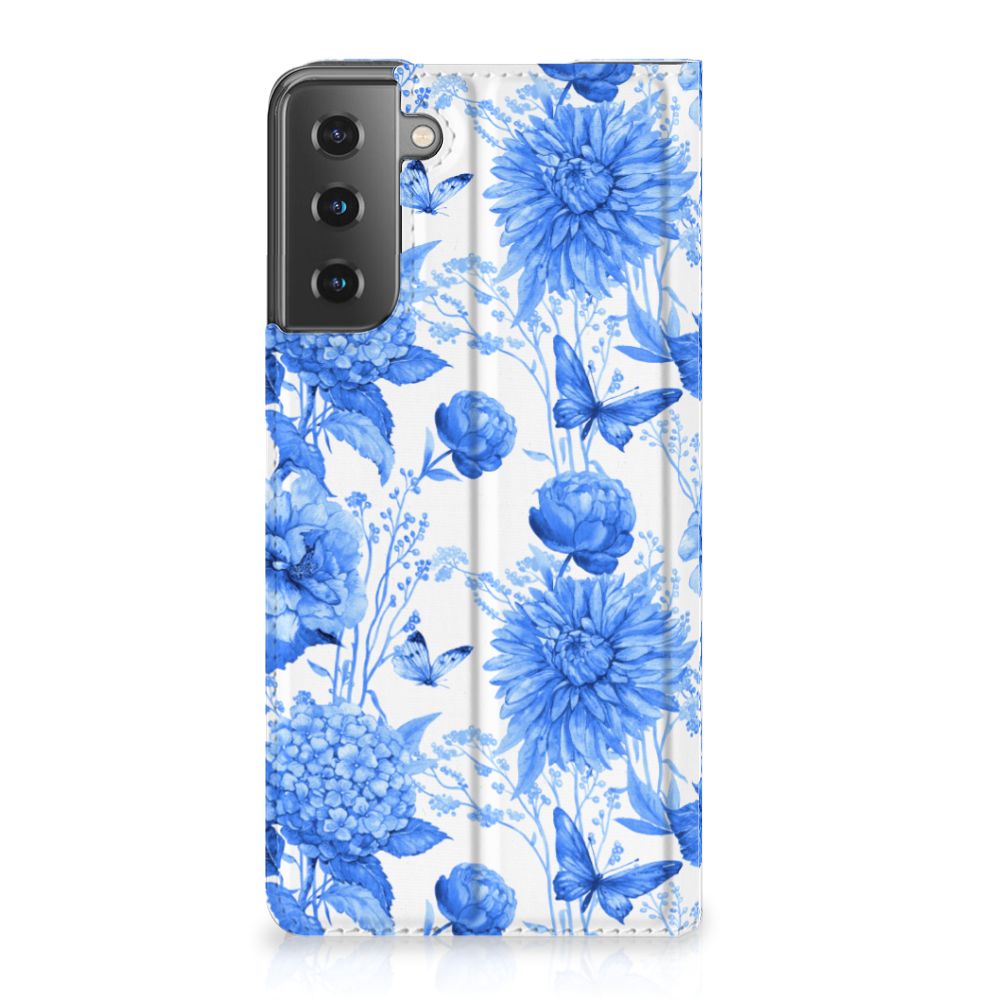 Samsung Galaxy S21 Plus Smart Cover Flowers Blue vooraanzicht