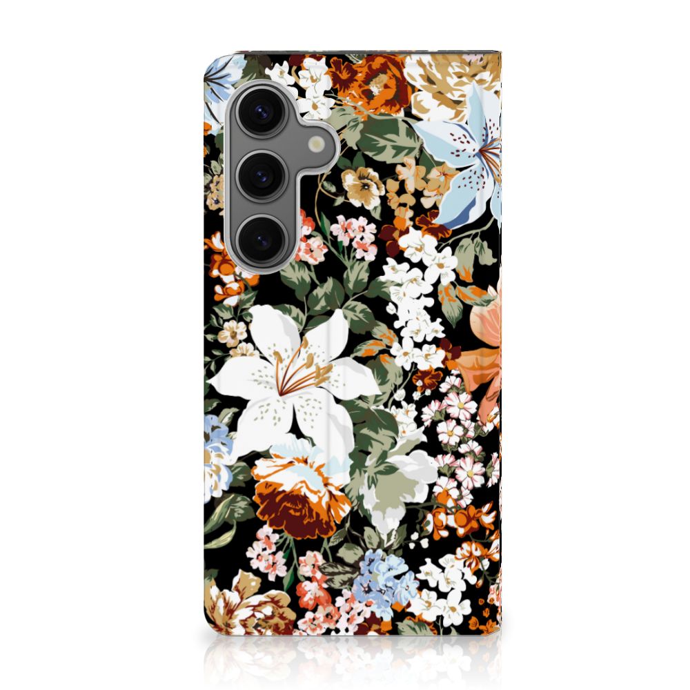 Smart Cover voor Samsung Galaxy S24 Dark Flowers met kleurrijke bloemen, perfect als cadeau voor stijl en bescherming.