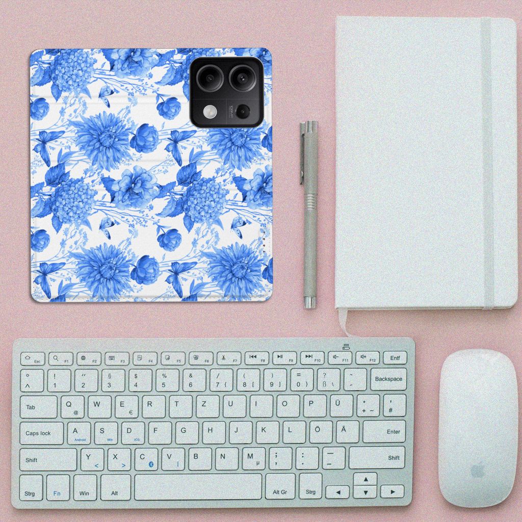 Smart Cover voor Xiaomi Redmi Note 13 5G Flowers Blue bloemen design bovenaanzicht