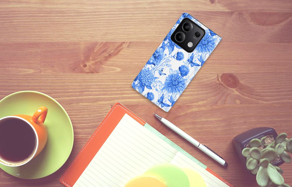 Smart Cover voor Xiaomi Redmi Note 13 5G Flowers Blue bloemen blauw liggend