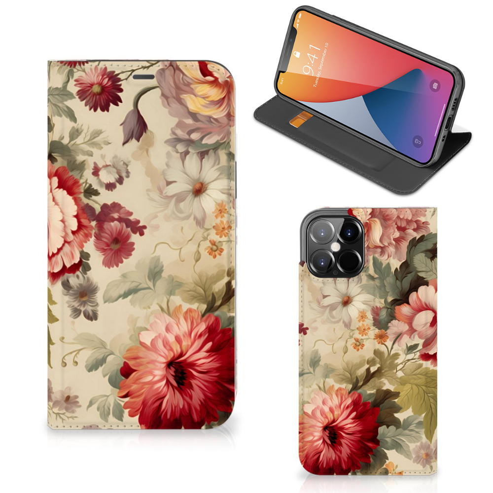 Smart Cover voor iPhone 12 Pro Max Bloemen met kleurrijke bloemenprint en handige pasjeshouder.
