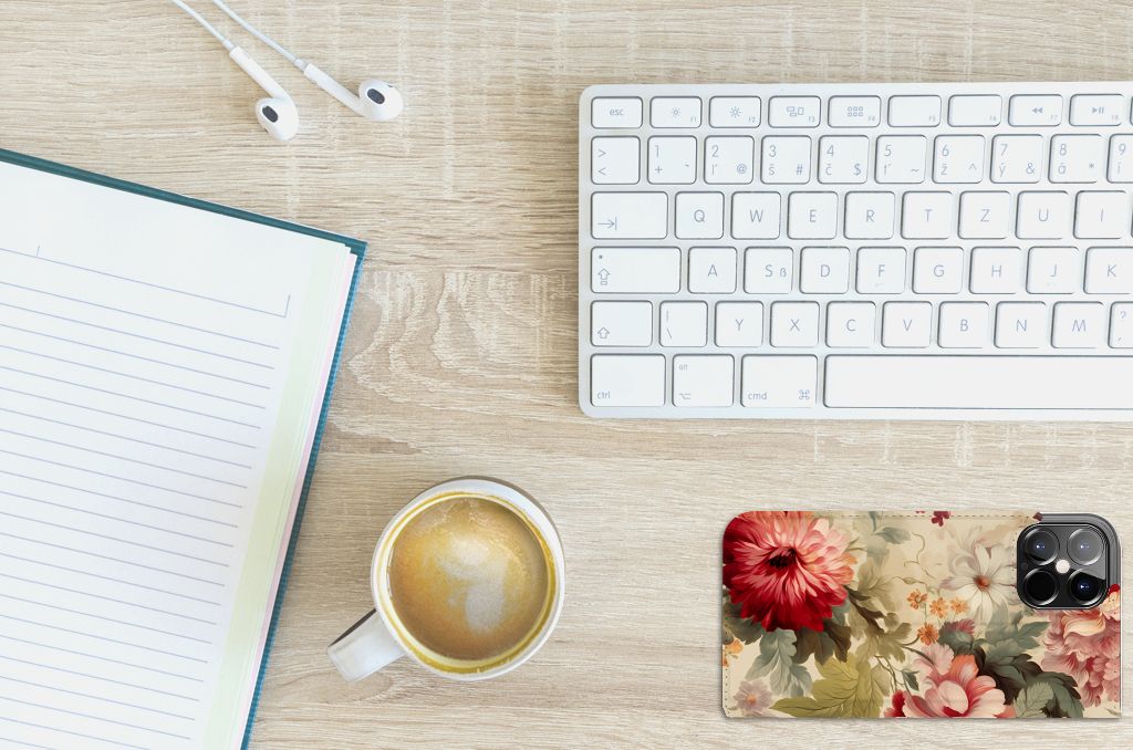 Smart Cover voor iPhone 12 Pro Max Bloemen op bureau met koffie en notitieboekje