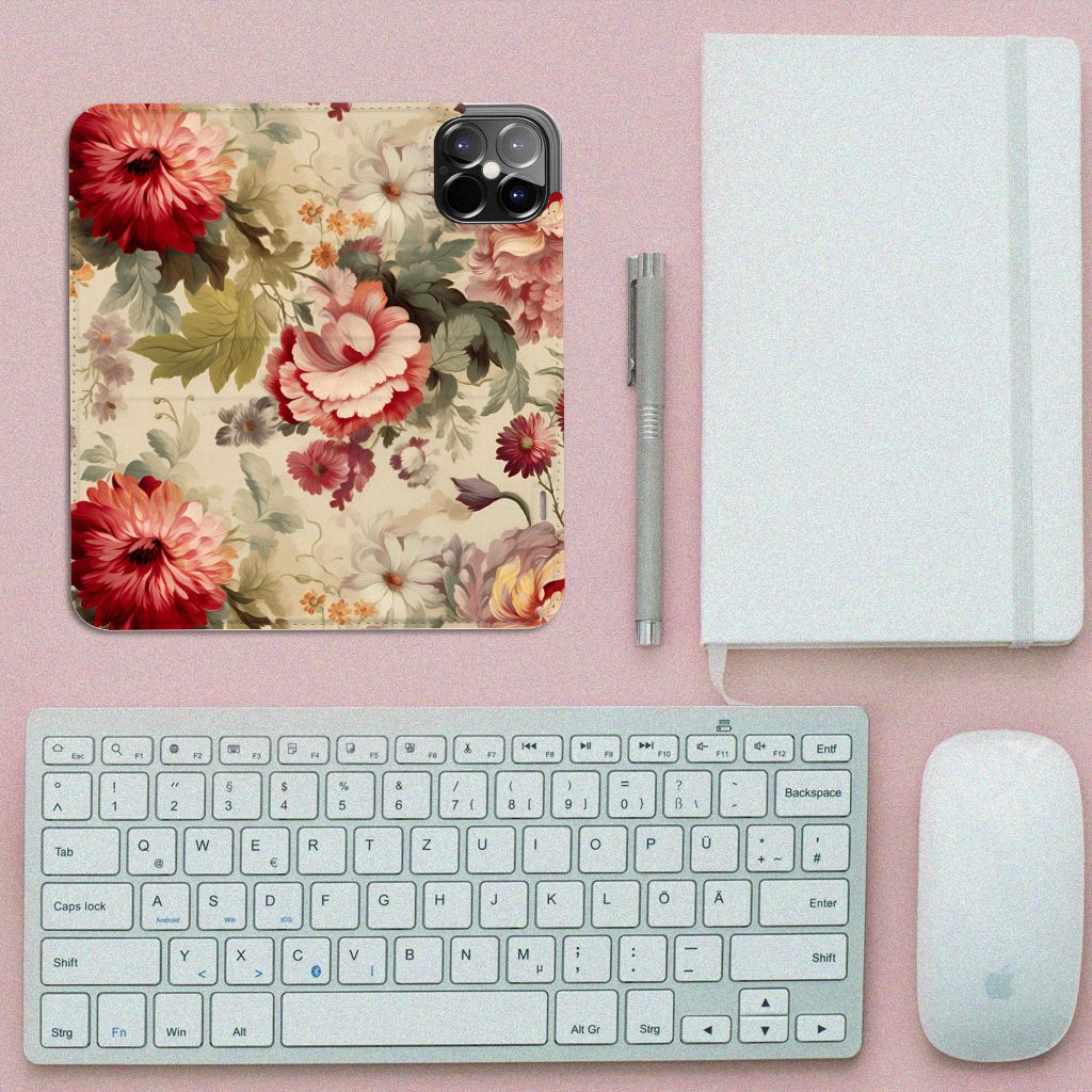 Smart Cover voor iPhone 12 Pro Max Bloemen met kleurrijke bloemdecoratie op een bureau