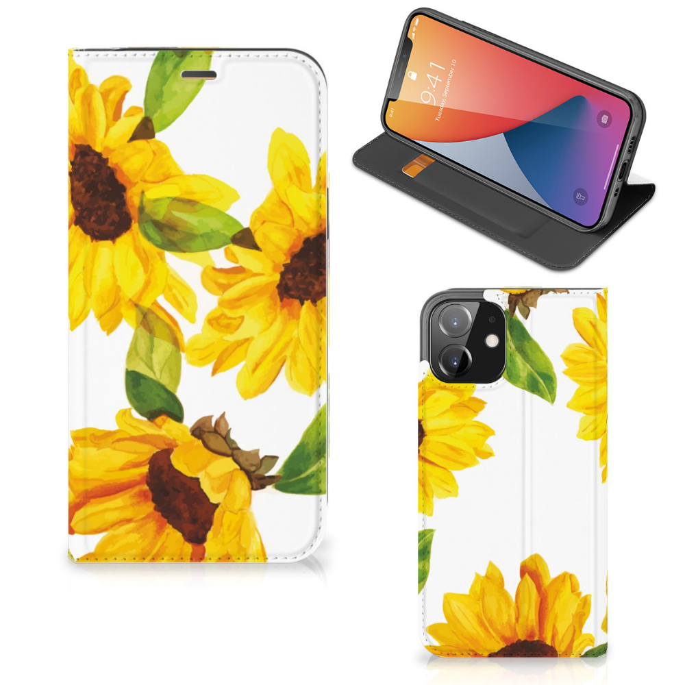 Smart Cover voor iPhone 12 | iPhone 12 Pro Zonnebloemen hoesje voorzijde en aanzicht