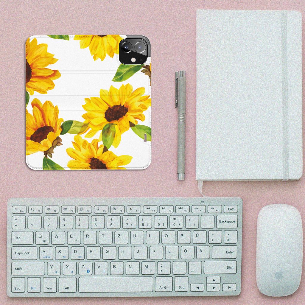 Smart Cover voor iPhone 12 | iPhone 12 Pro Zonnebloemen hoesje bovenaanzicht