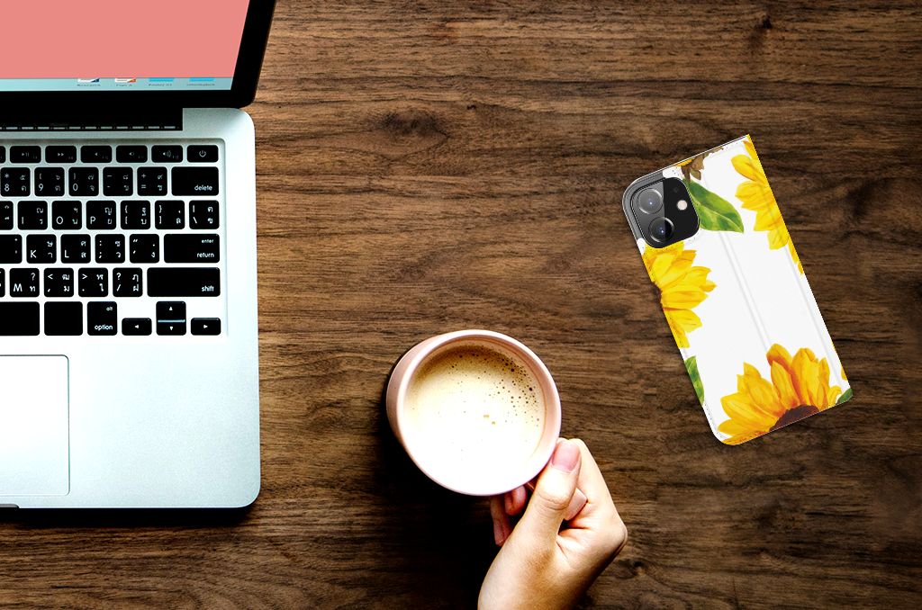 Smart Cover voor iPhone 12 | iPhone 12 Pro Zonnebloemen laptop bureau koffie hand