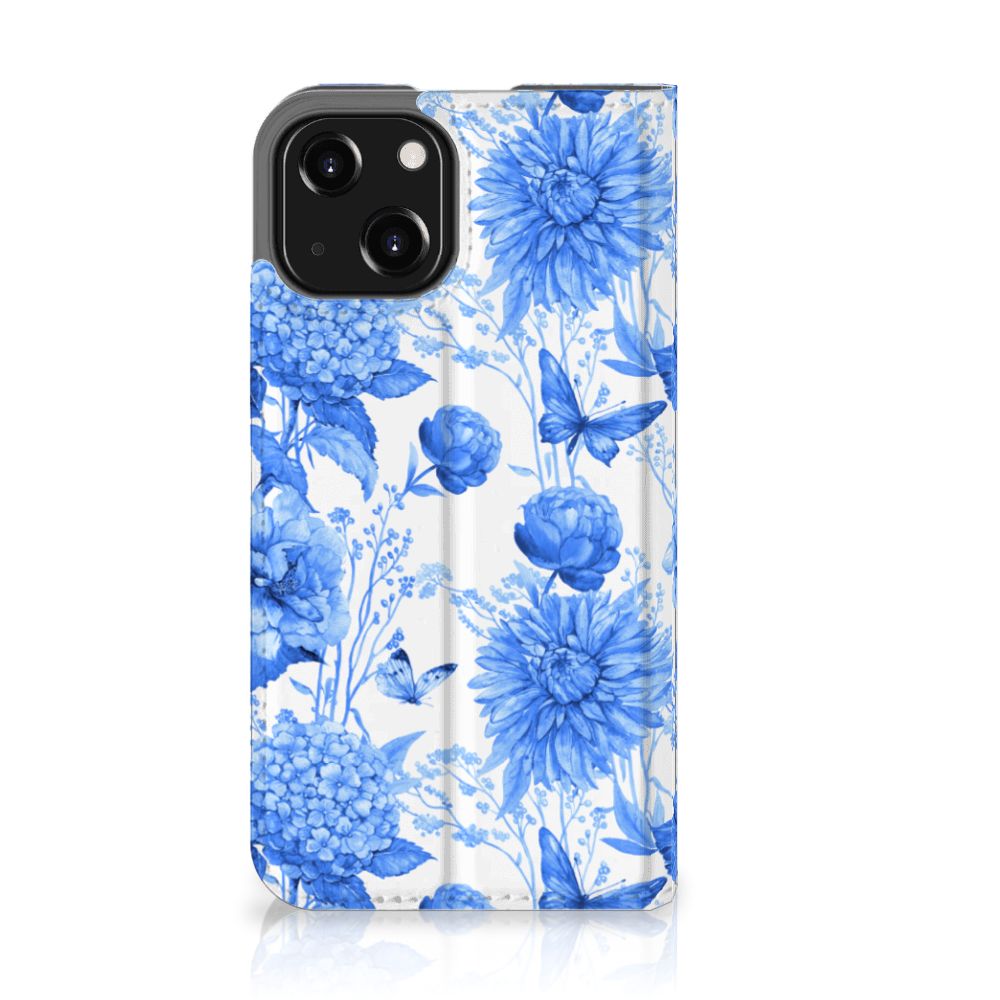 Smart Cover voor iPhone 13 Mini Flowers Blue met prachtig bloemendesign in blauw en wit.