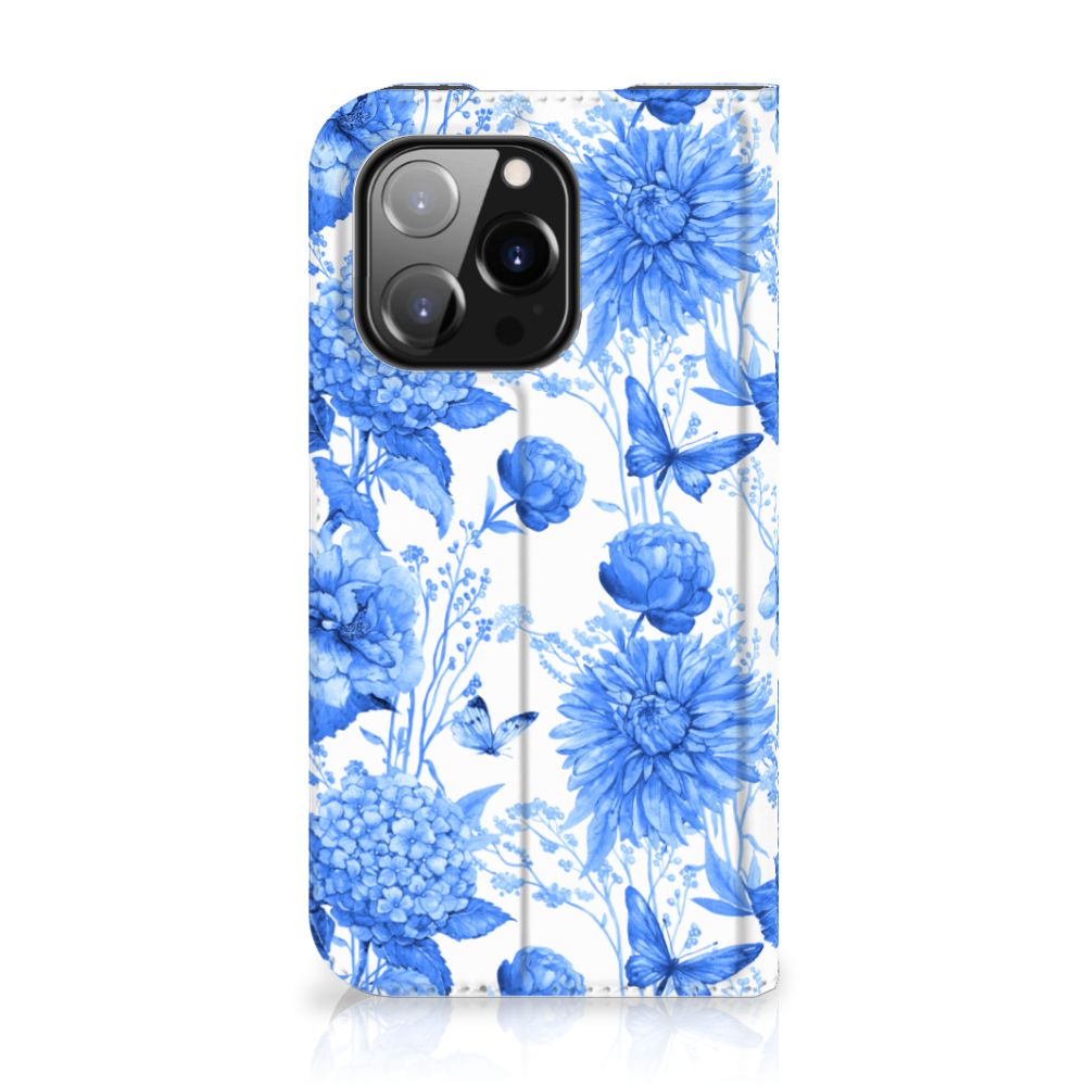 Smart Cover voor iPhone 14 Pro Flowers Blue met prachtig blauw bloemenpatroon 🌸.