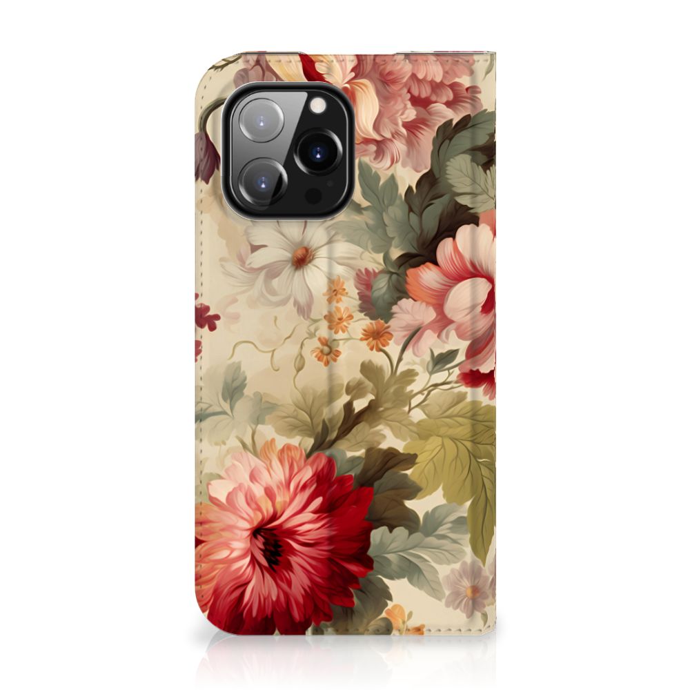 Smart Cover voor iPhone 14 Pro Max Bloemen met kleurrijke bloemenprint en stijlvolle afwerking.
