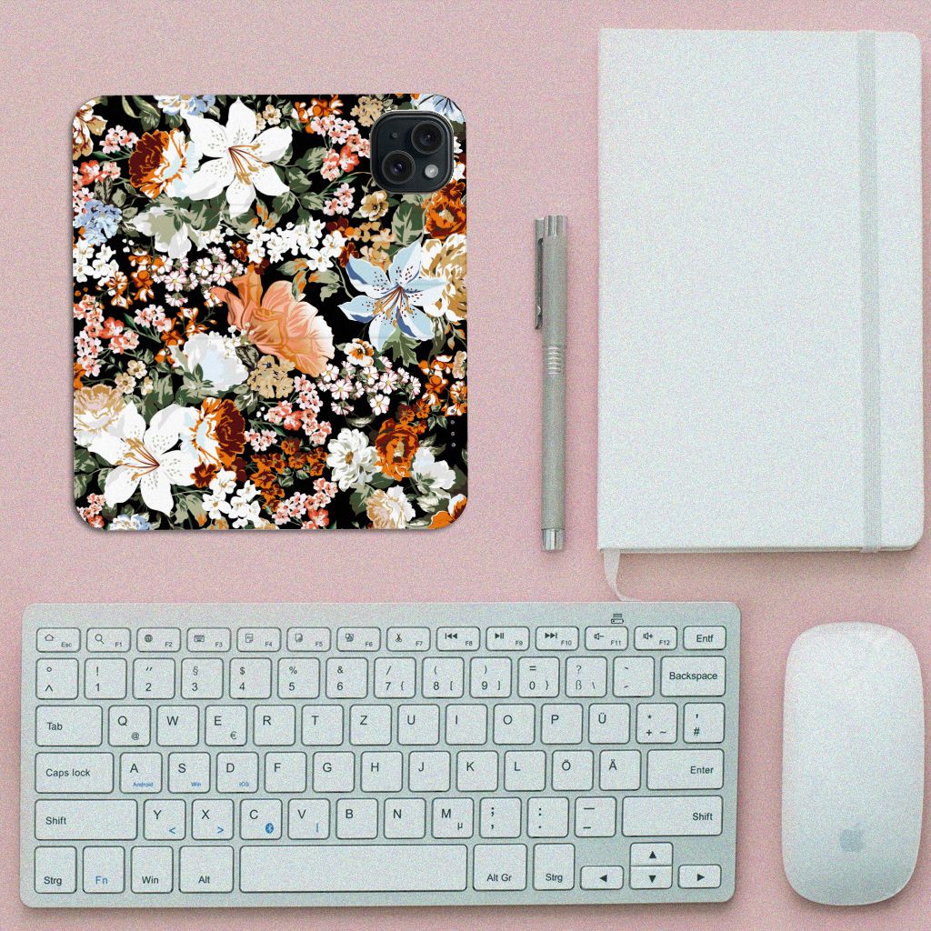 Smart Cover voor iPhone 15 Dark Flowers met kleurrijke bloemendesign, perfect voor stijl en bescherming 🌸.