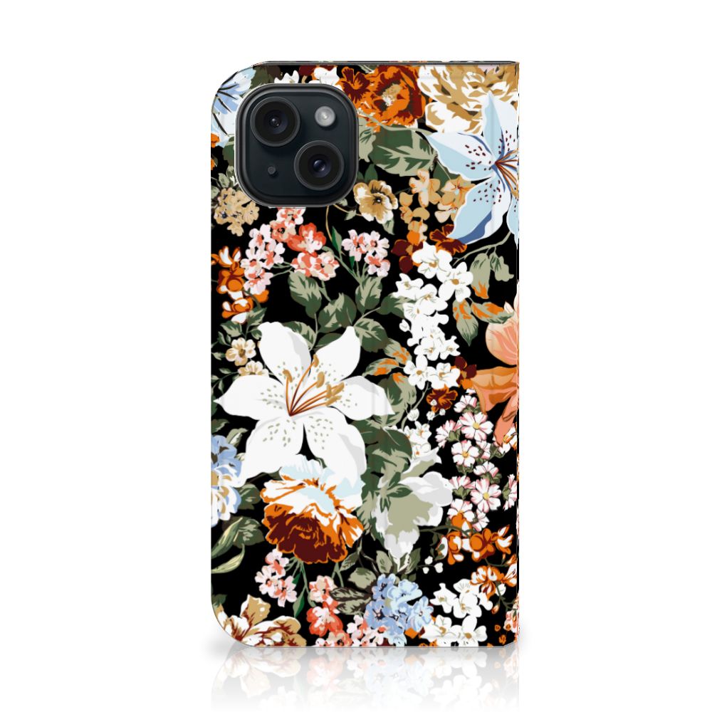 Smart Cover voor iPhone 15 Dark Flowers met een kleurrijk bloemenpatroon voor een stijlvolle bescherming 🌸.