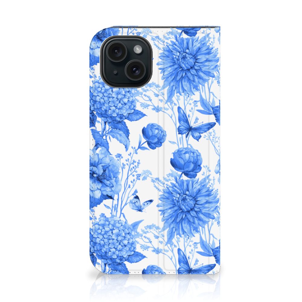 Smart Cover voor iPhone 15 Flowers Blue met een prachtig bloemenprint in blauw 🌸.