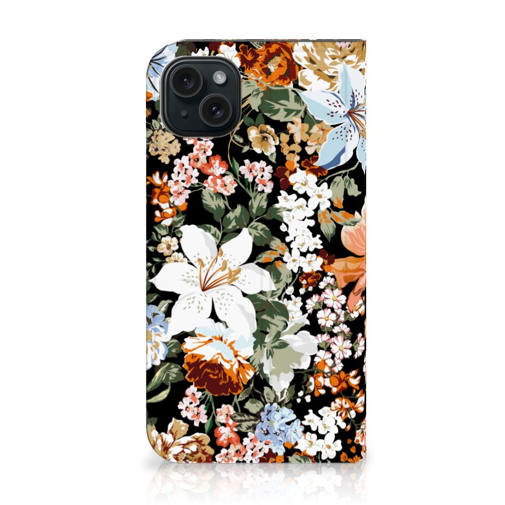 Smart Cover voor iPhone 15 Plus Dark Flowers: kleurrijk bloemen ontwerp op een zwarte achtergrond 🌸
