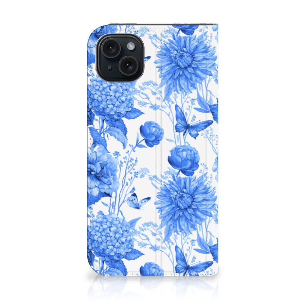 Smart Cover voor iPhone 15 Plus Flowers Blue met prachtig blauw bloemendessin 🌸