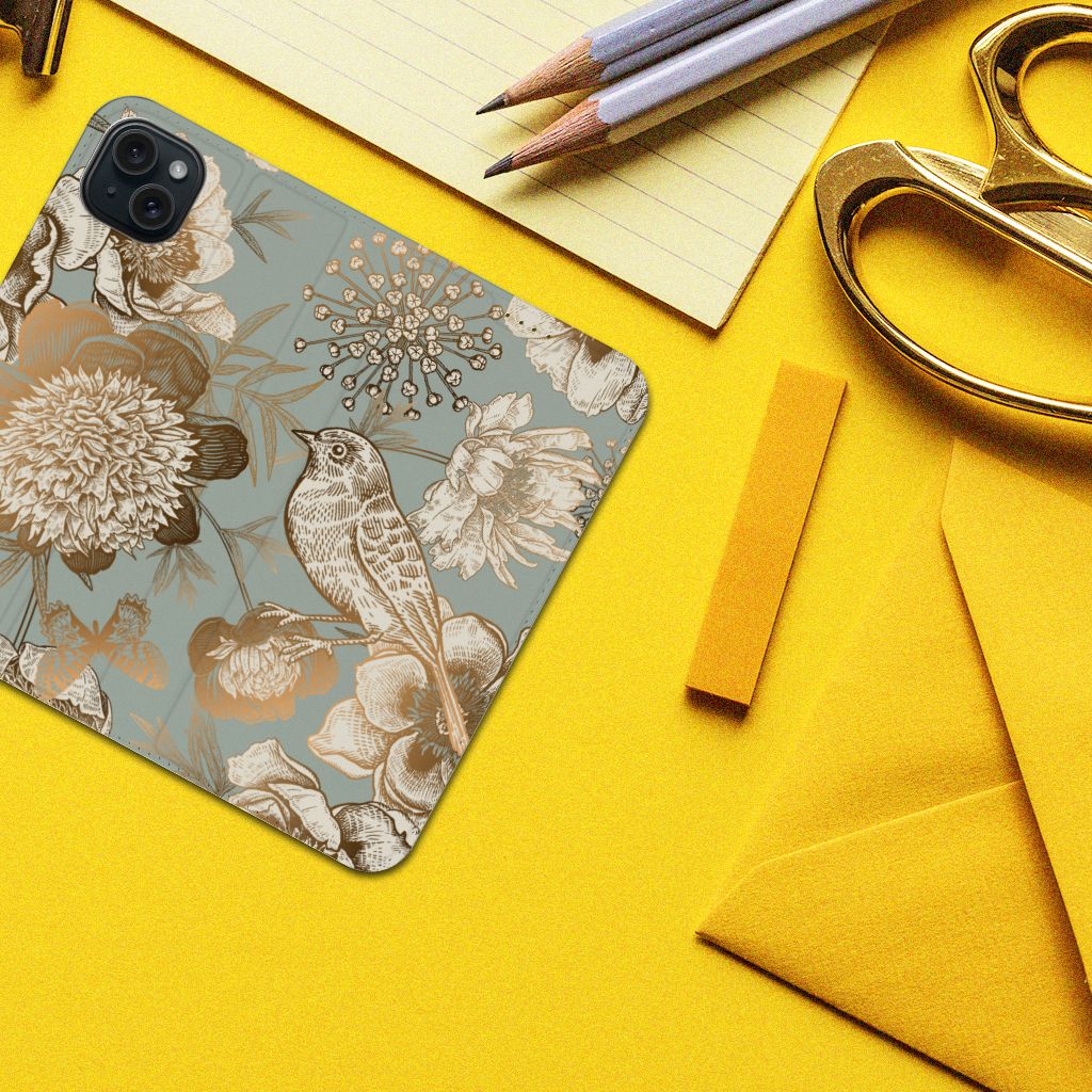 Smart Cover voor iPhone 15 Plus Vintage Bird Flowers design vintage bloemen en vogels aanzicht