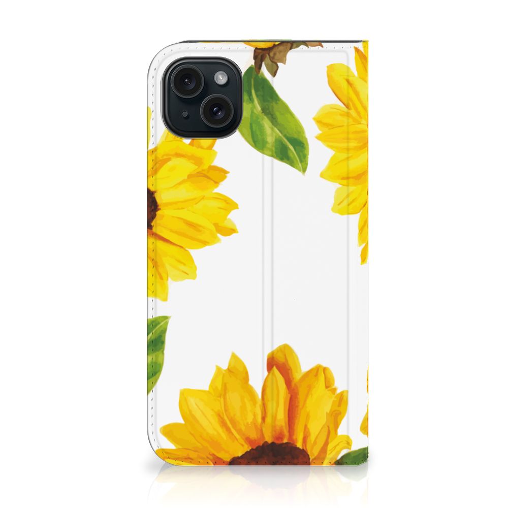 Smart Cover voor iPhone 15 Plus Zonnebloemen met stralende zonnebloemen, perfect voor zonnige dagen! 🌻