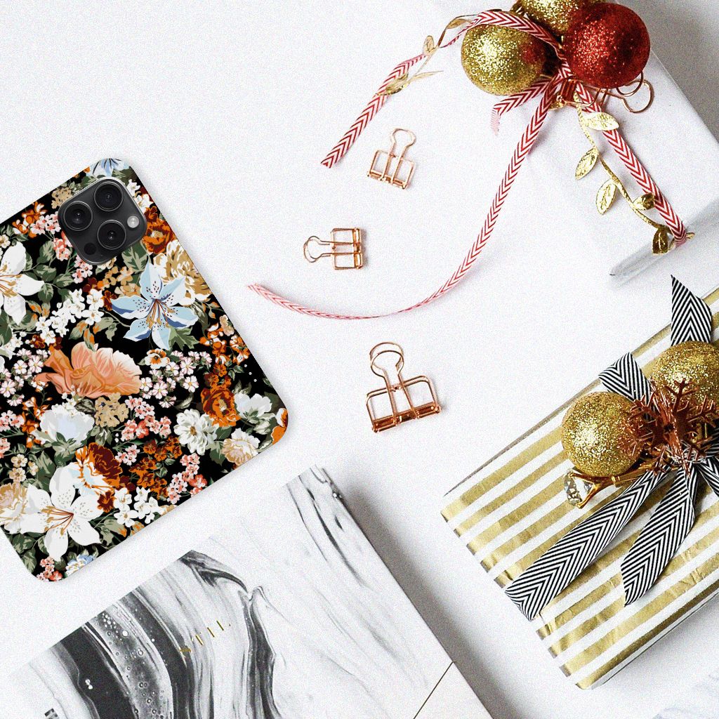 Smart Cover voor iPhone 15 Pro Dark Flowers met kleurrijke bloemen, perfect voor elke gelegenheid 🎉.