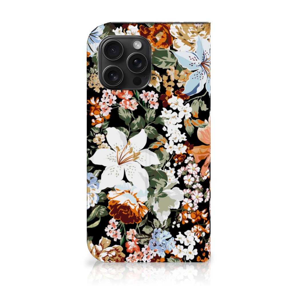 Smart Cover voor iPhone 15 Pro Max Dark Flowers met prachtige bloemen in een elegant ontwerp 🌸.