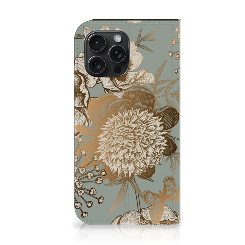 Smart Cover voor iPhone 15 Pro Max Vintage Bird Flowers met bloemenprint op een chique achtergrond.