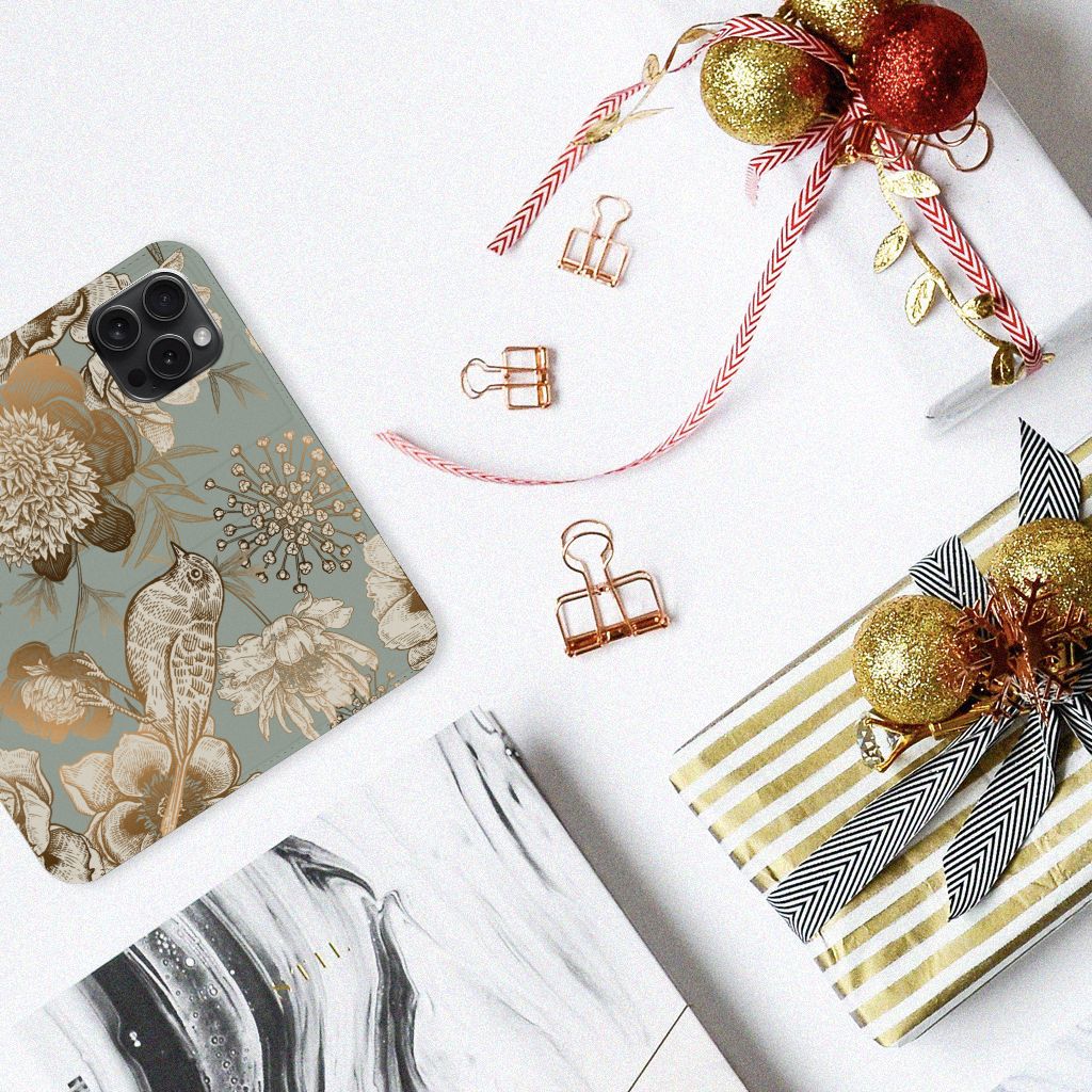 Apple iPhone 15 Pro Smart Cover Vintage Bird Flowers bovenaanzicht