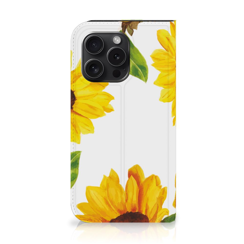 Smart Cover voor iPhone 15 Pro Zonnebloemen met vrolijke zonnebloemen op een witte achtergrond 🌻