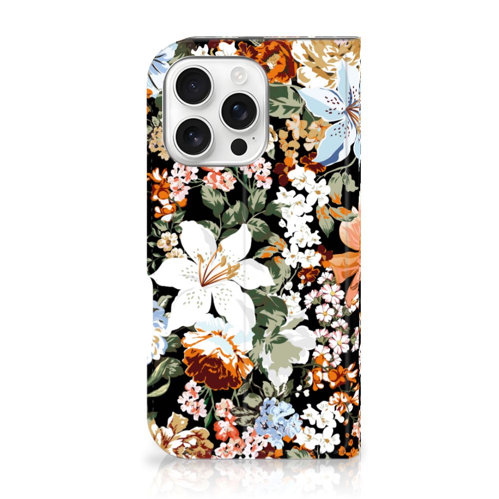 Smart Cover voor iPhone 16 Pro Dark Flowers bloemen design voorkant