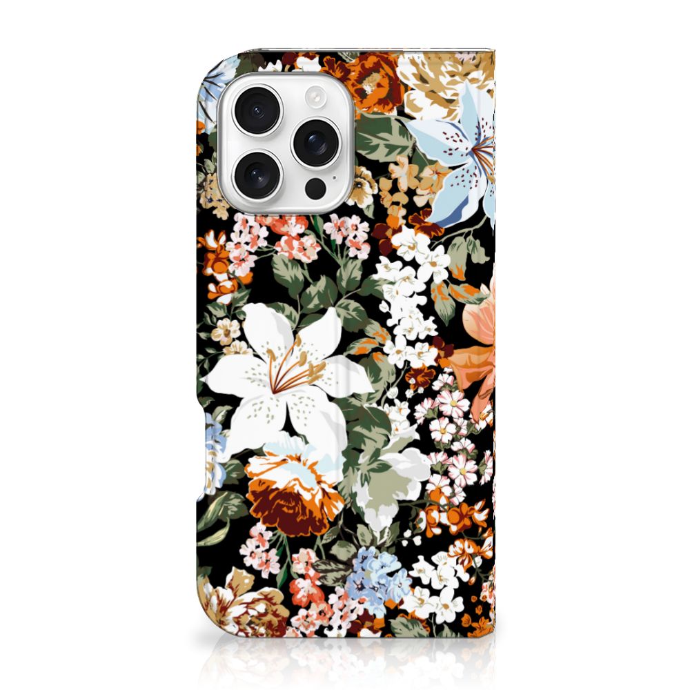 Smart Cover voor iPhone 16 Pro Max Dark Flowers bloemen design achterkant