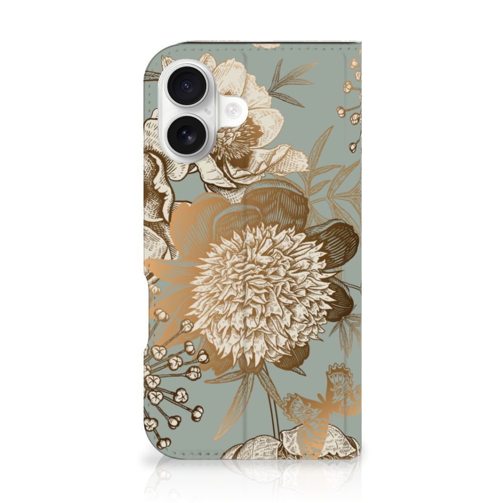 Smart Cover voor iPhone 16 Vintage Bird Flowers hoesje bloemen ontwerp vooraanzicht