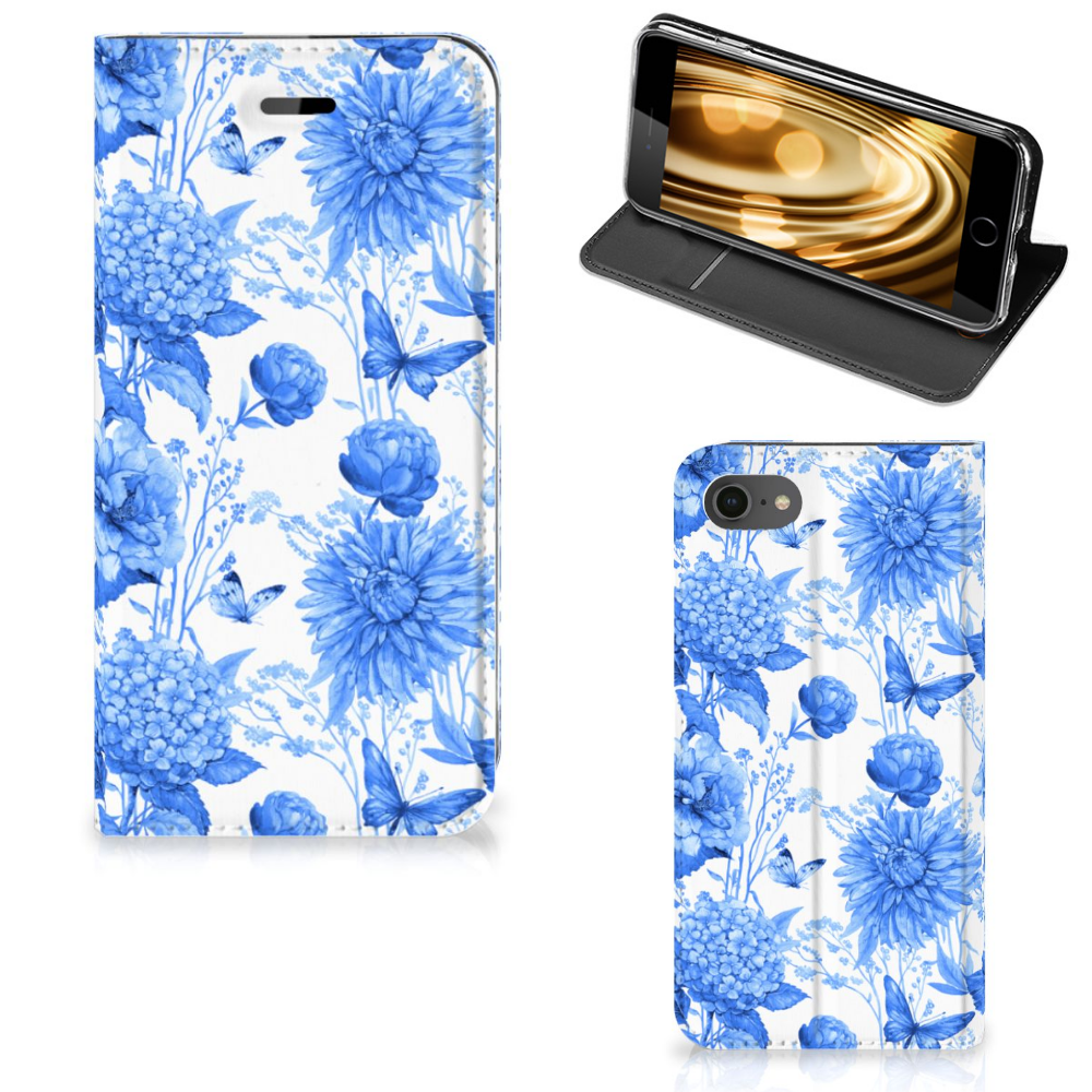 Smart Cover voor iPhone 7 | 8 | SE (2020) | SE (2022) Flowers Blue met bloemen en vlinders 🌸