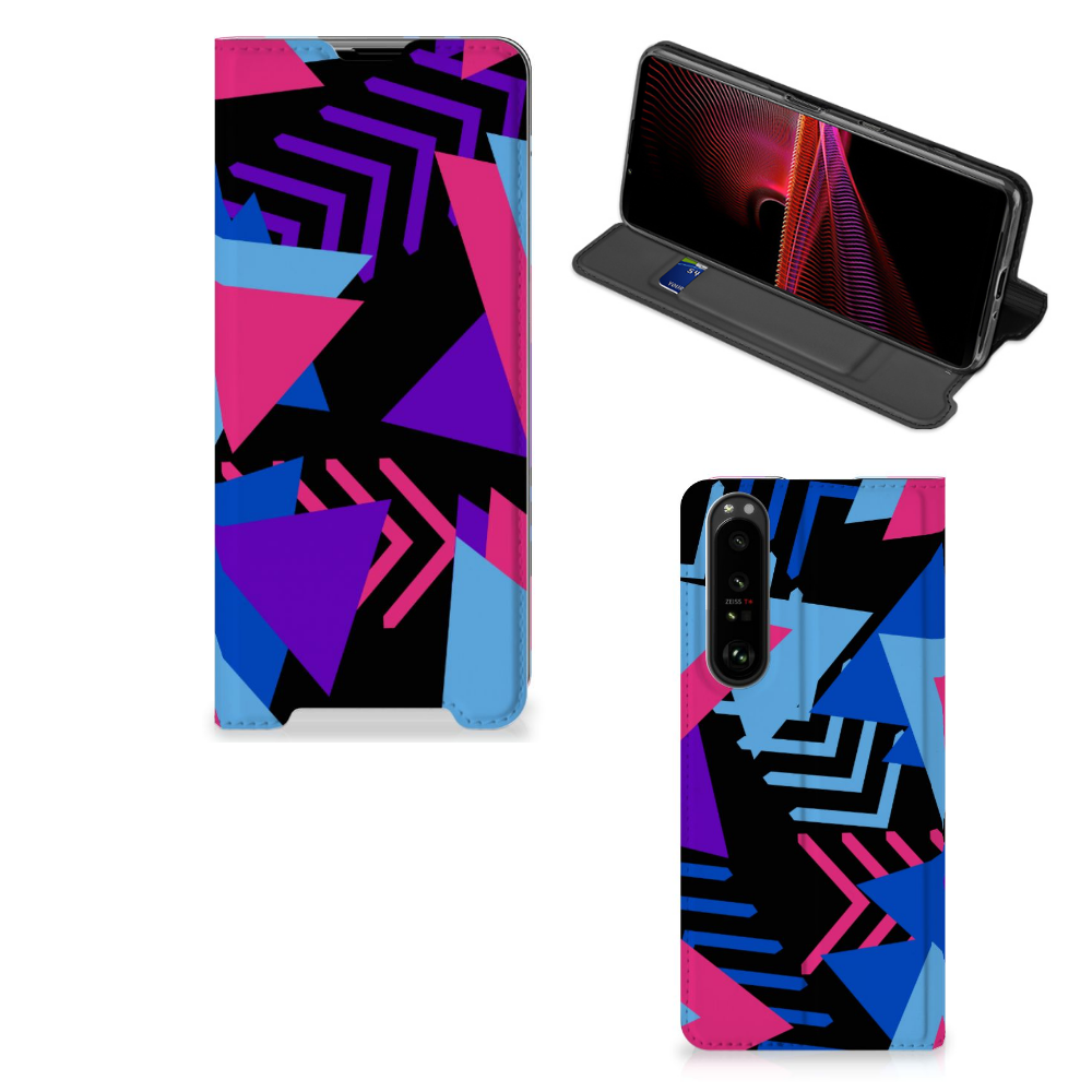 Sony Xperia 1 III Stand Case Funky Triangle ontwerp driehoekig zwart paarse roze blauwe