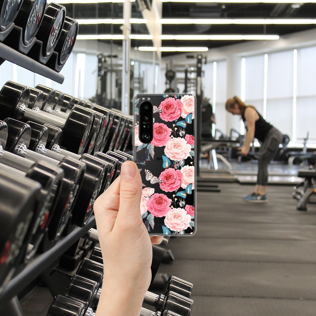 Sony Xperia 1 III TPU Case Butterfly Roses telefoonhoesje bloemen hand gym omgeving