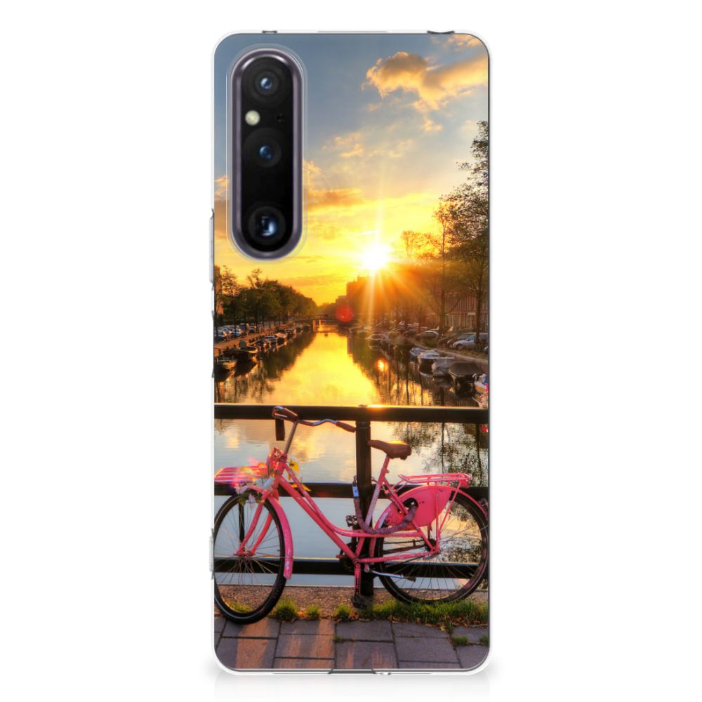 Sony Xperia 1 V Siliconen Back Cover Amsterdamse Grachten fiets zonsondergang grachten water