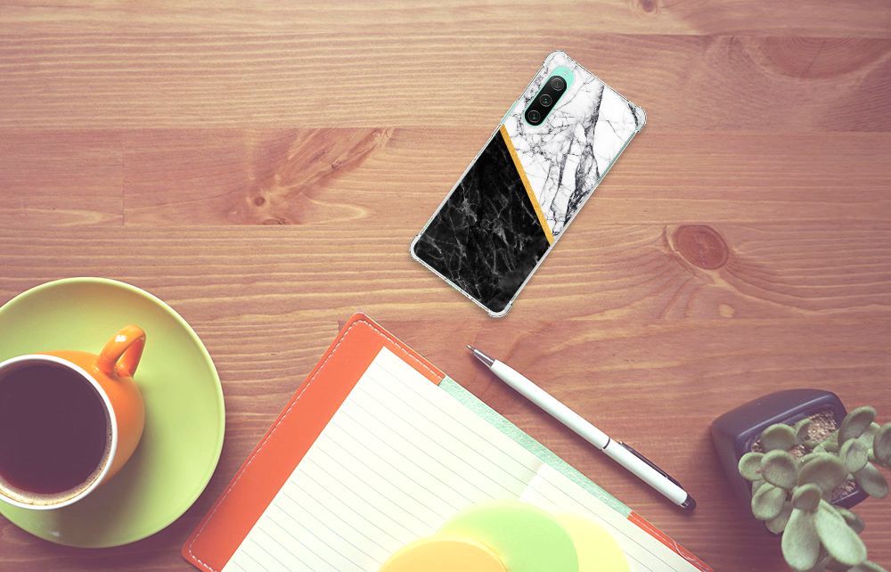 Sony Xperia 10 V Anti-Shock Hoesje Marmer Wit Zwart telefoonhoesje design marmer aanzicht