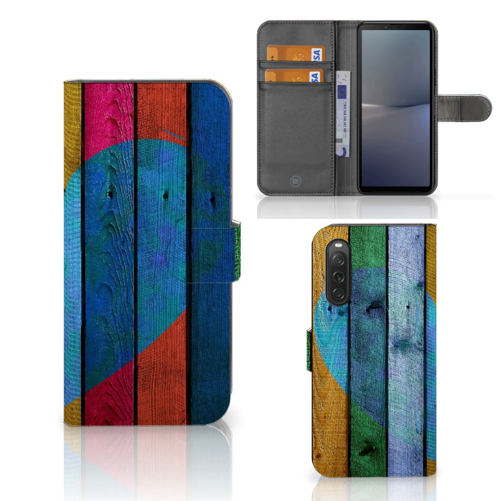 Sony Xperia 10 V Book Style Case Wood Heart boekhoesje kleurrijk hartje aanzicht