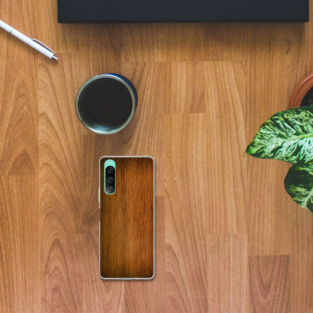 Sony Xperia 10 V Bumper Hoesje Donker Hout design donker hout aanzicht
