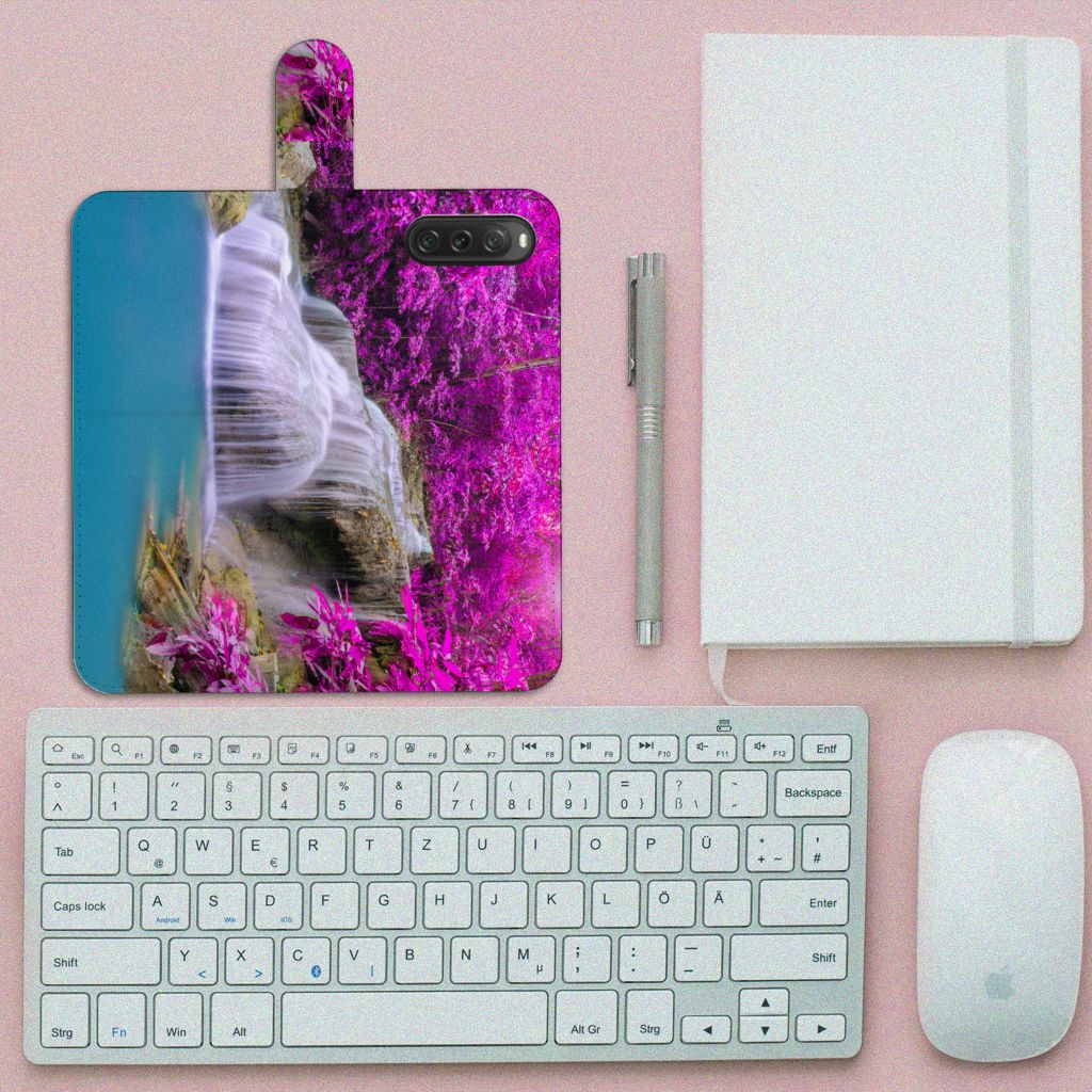 Sony Xperia 10 V Flip Cover Waterval design kalme waterval paarse bomen aanzicht