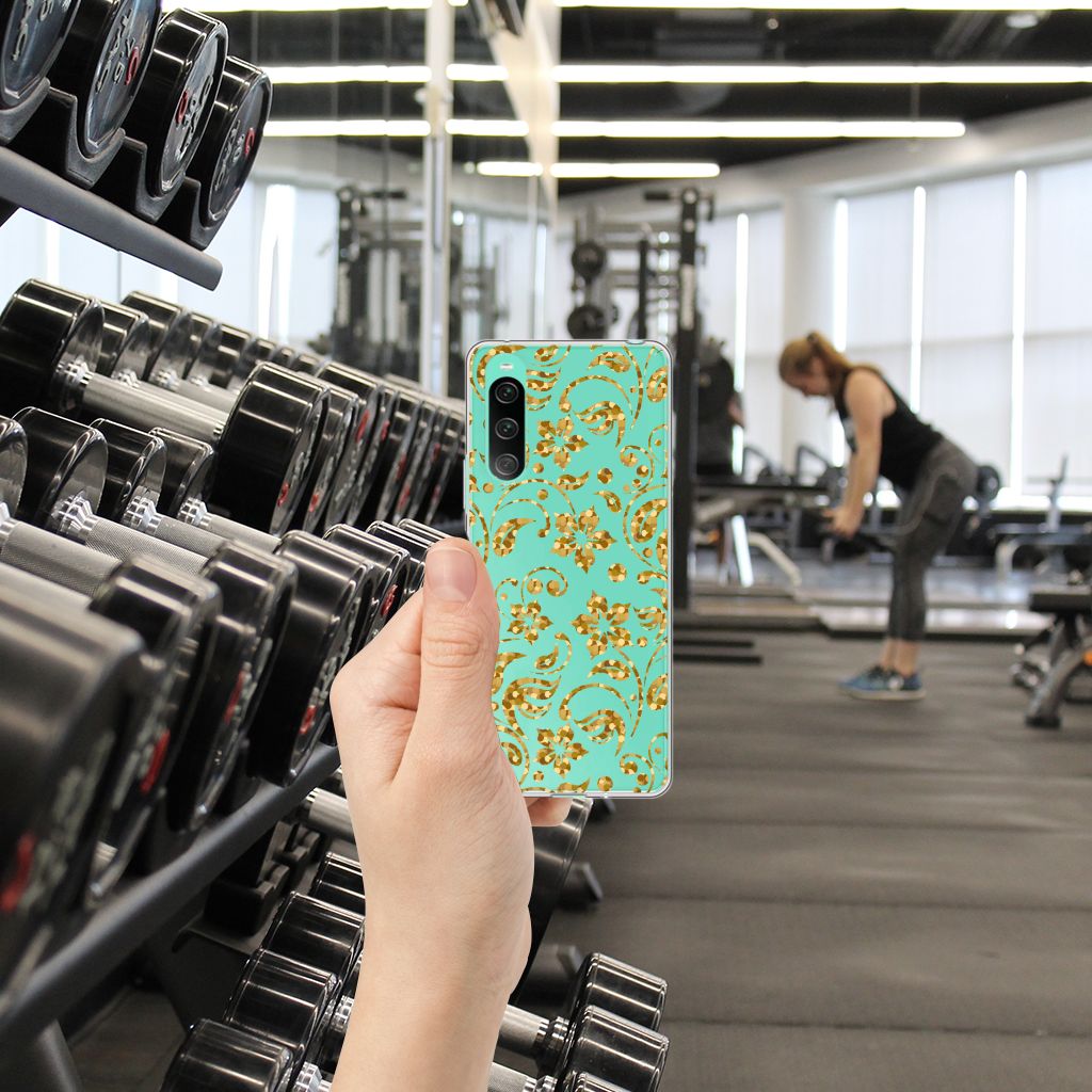 Sony Xperia 10 V TPU Case Gouden Bloemen sport gym hand met telefoonhoesje