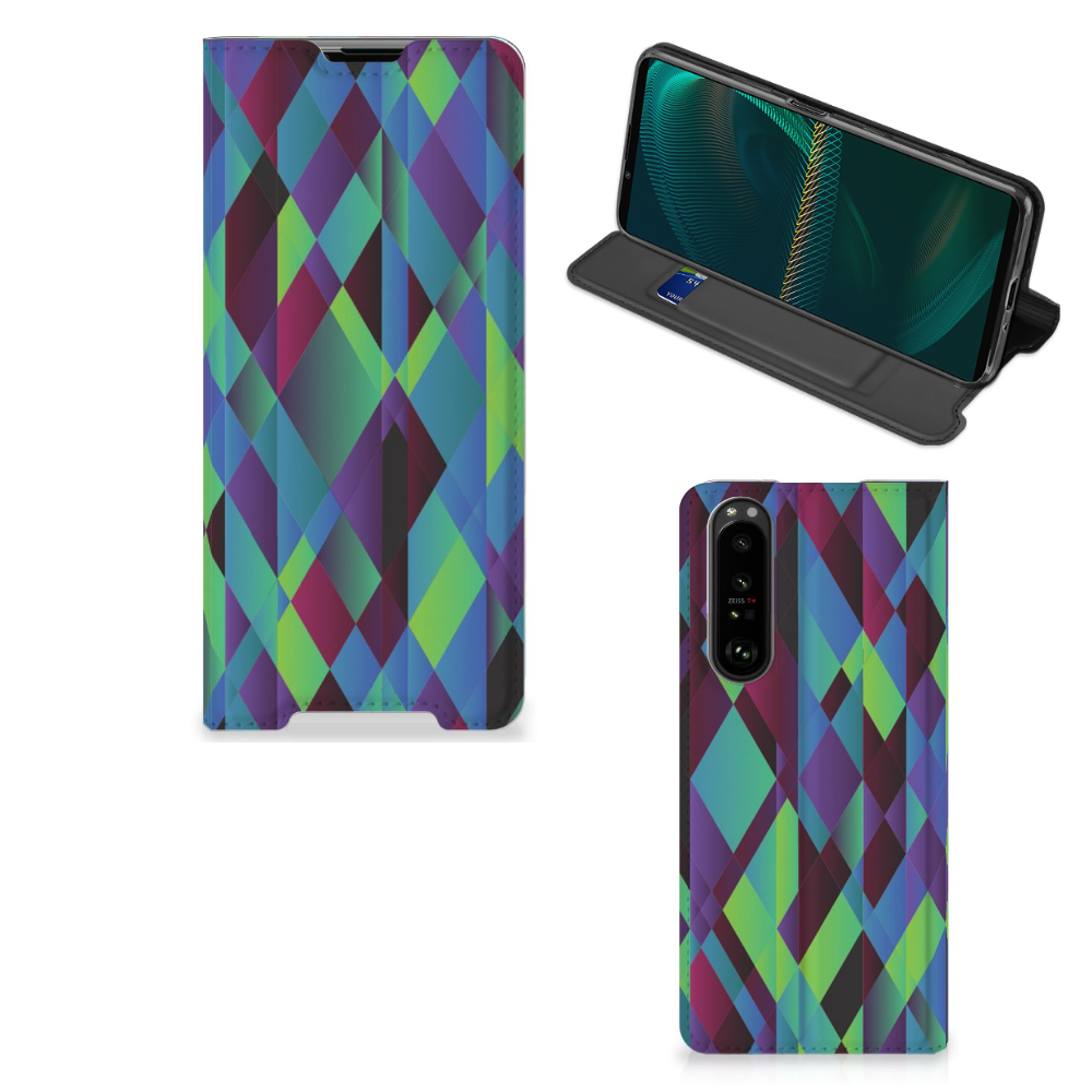 Sony Xperia 5 III Stand Case Abstract Green Blue hoesje kleurrijk design voorkant achterkant aanzicht