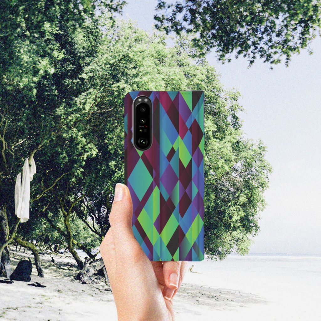 Sony Xperia 5 III Stand Case Abstract Green Blue kleurig design hoesje hand strand