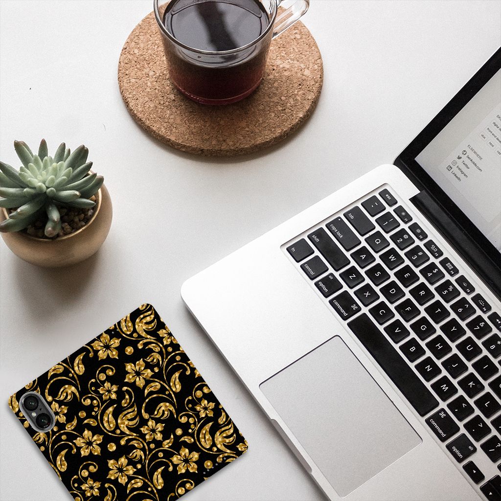 Sony Xperia 5 V Smart Cover Gouden Bloemen zwart goud bovenaanzicht