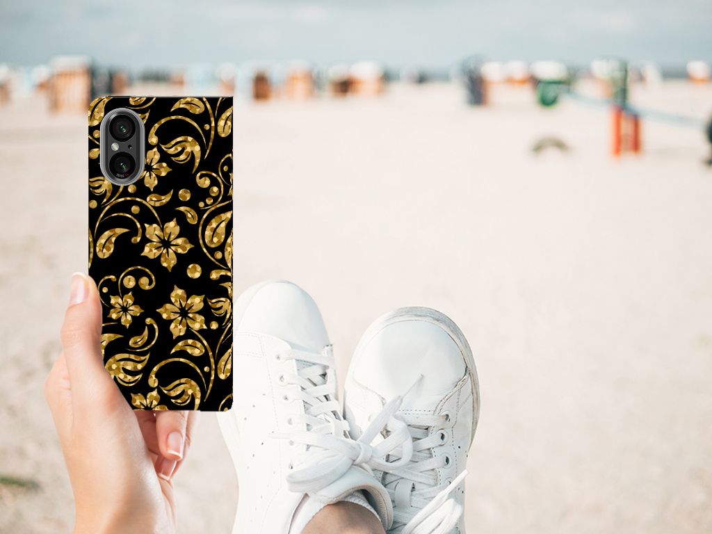 Sony Xperia 5 V Smart Cover Gouden Bloemen telefoonhoesje gouden bloemen design hand
